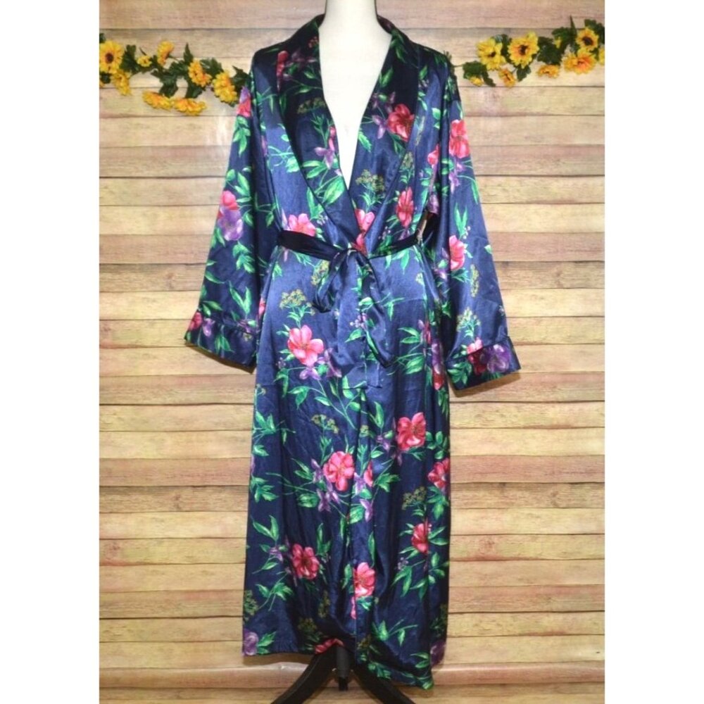 Go Softly Silky Blue Floral Long Maxi Robe Belted Ladies M Lounge Vacation